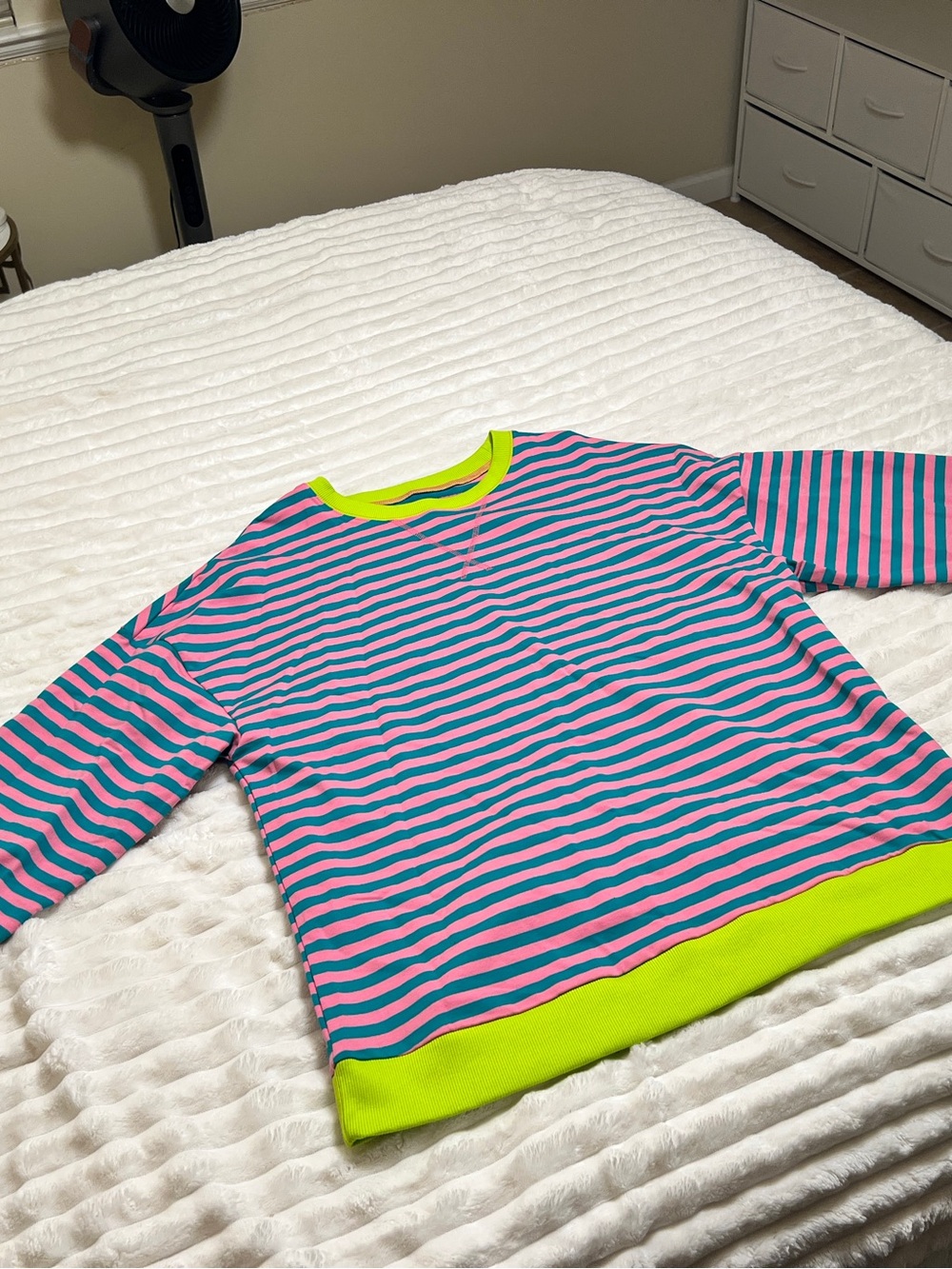 Neon Trim Striped Crewneck Shirt - Pink & Teal - Picture 3 of 5